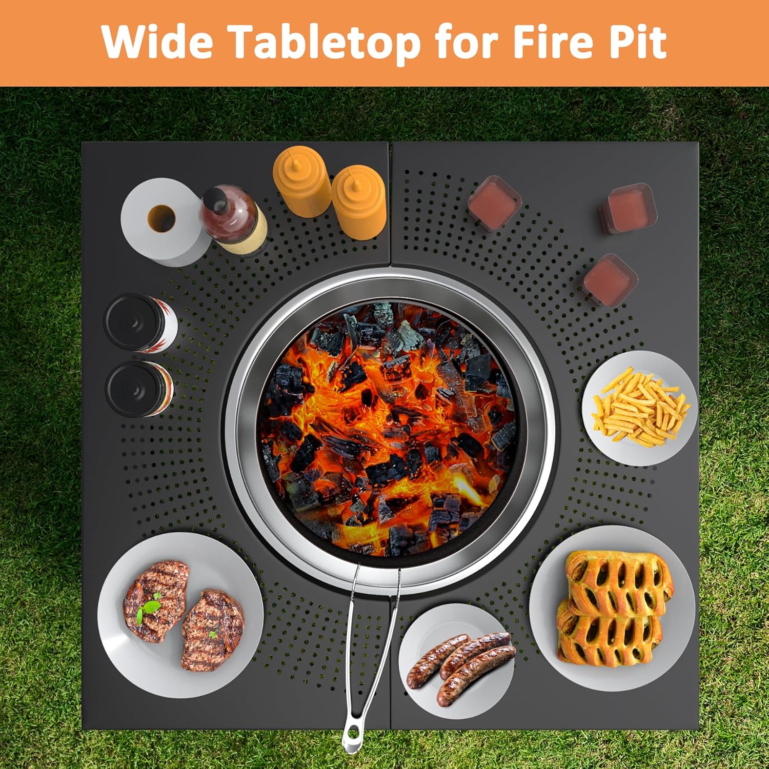 Fire Pit Surround Tabletop for Solo Stove Bonfire/Ranger, 38 inch Large Space Fire Pit Stand, Powder-Coated Steel Outside Firepit Table, Outdoor Wood Burning Solo Stove Accessories