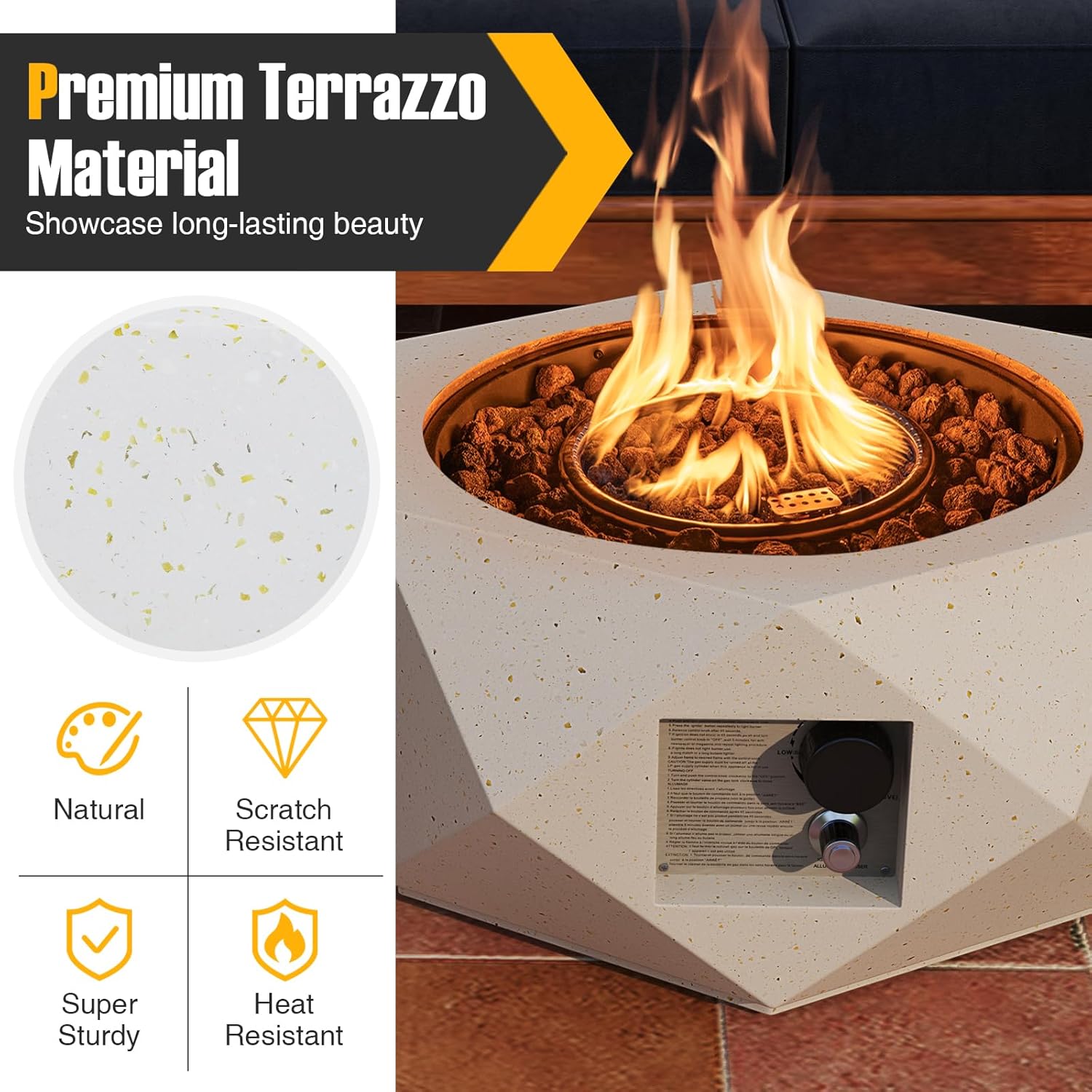 Tangkula Propane Fire Pit Table, 28” Hexagon Terrazzo Gas Fire Pit with Stainless Steel Burner & Lava Rocks, Protective Cover & Tank Seat Included, 40,000 BTU Smokeless Fire Pit for Outside Patio