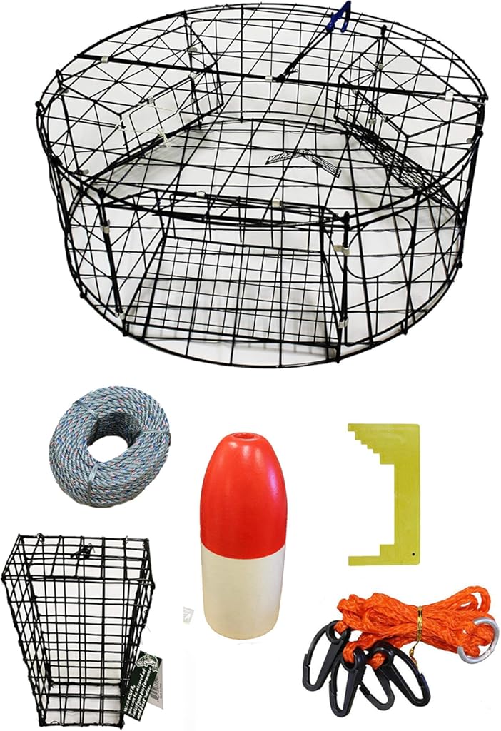 KUFA Vinyl Coated Round Crab Trap & Accessory Kit (100' Lead Core Rope, Caliper,Harness,Metal Bait cage & 13