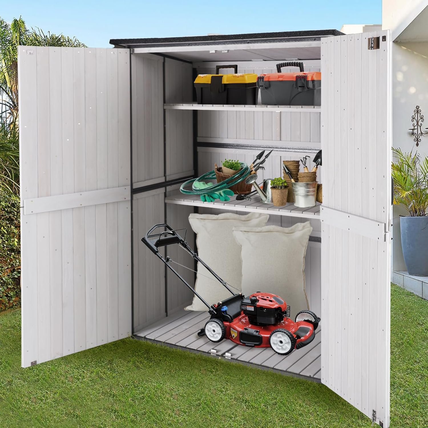 GUTINNEEN 4.6x2.42FT Sheds & Outdoor Storage Shed with All Around Metal Frame,Wooden Tool House with Adjustable Shelfs, Garden Tool Shes for Backyard Garden Patio Lawn, White
