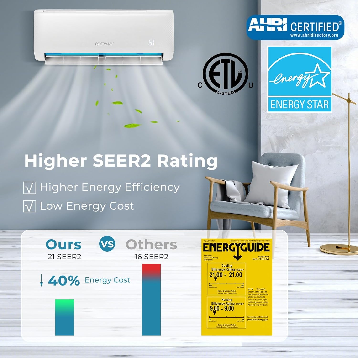 KOTEK 18000 BTU Mini Split AC/Heating System, Energy Star 21 SEER2 Inverter Ductless AC Unit, Cool Up to 1250 Sq.Ft, Air Conditioner w/1.5 Ton Heat Pump/Installation Kit(18000 BTU, 208-230V, 21 SEER2)