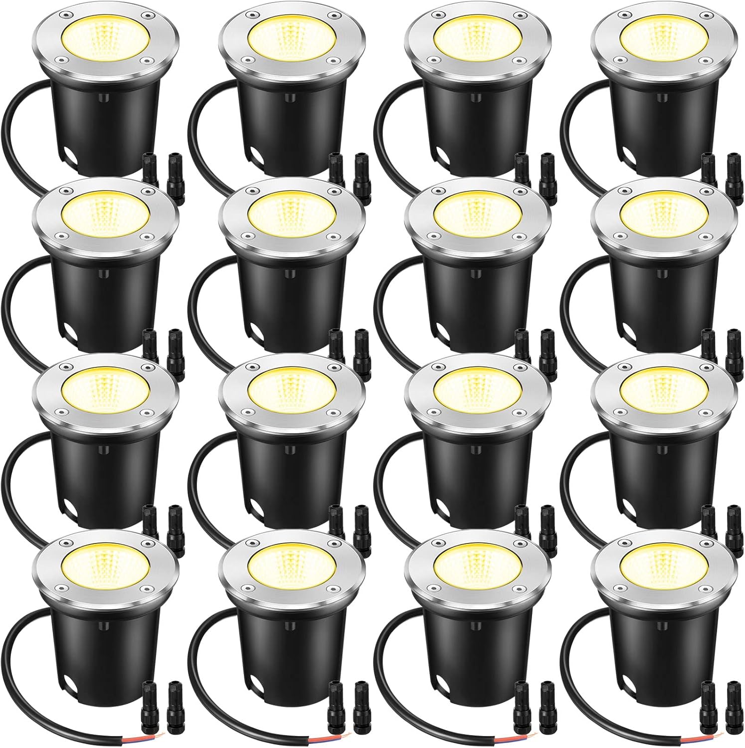 Yahenda 16 Pcs 3W LED Well Lights Low Voltage Outdoor Landscape In Ground Waterproof Outdoor 12V-24V Landscape Lighting Warm White for Floor Pathway Garden Driveway Patio Decors, 32 Connectors