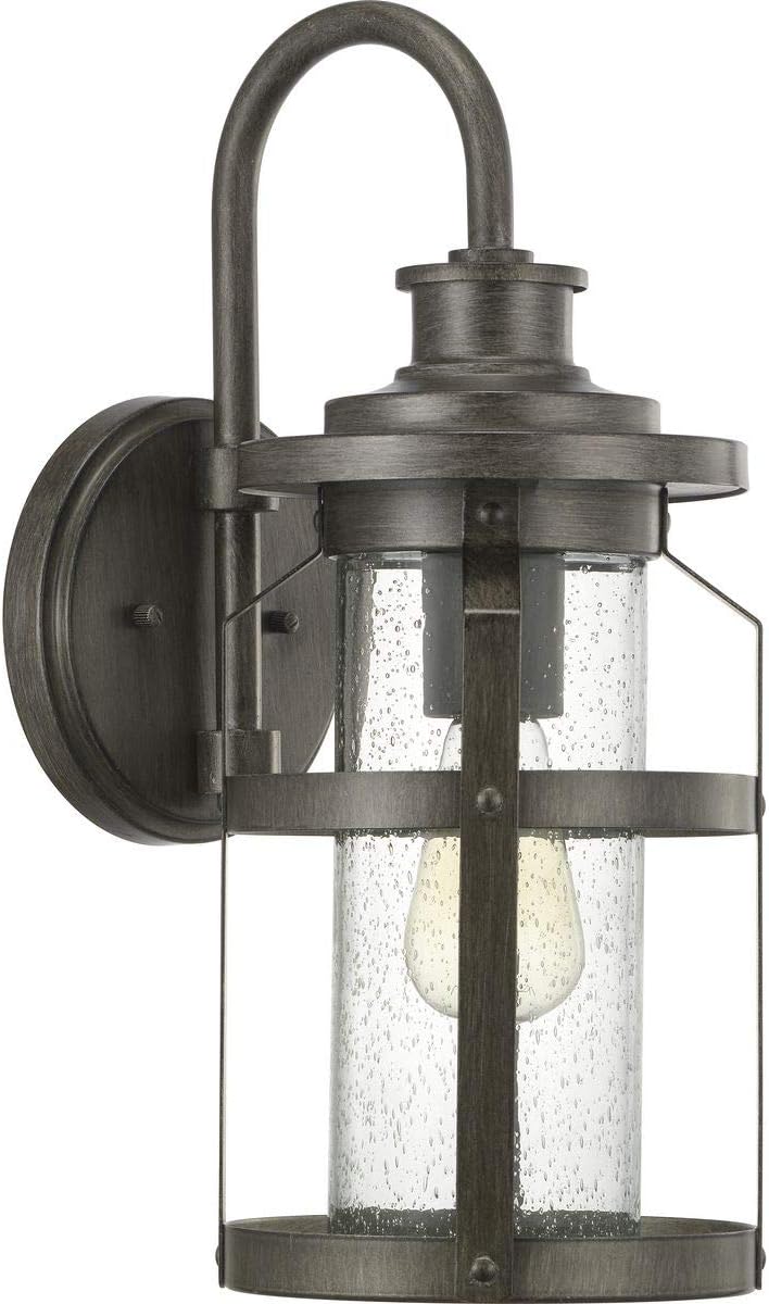 Progress Lighting Haslett Collection 1-Light Clear Seeded Glass Farmhouse Outdoor Medium Wall Lantern Light Antique Pewter