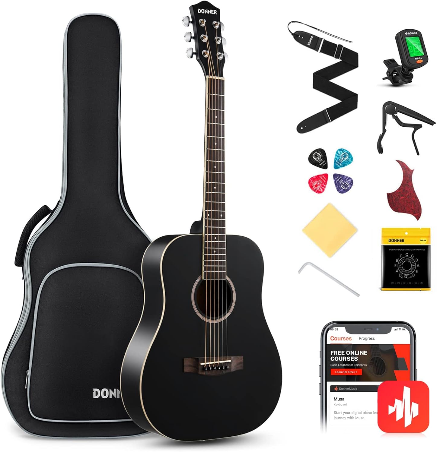 Donner Acoustic Guitar for Beginner Adult 36'' Dreadnought 3/4 Size Black Guitar Bundle Package Kit Travel, Spruce Wood With Gig Bag Capo Tuner Strap String Guitar Picks DAG-1MB/DAT-110D