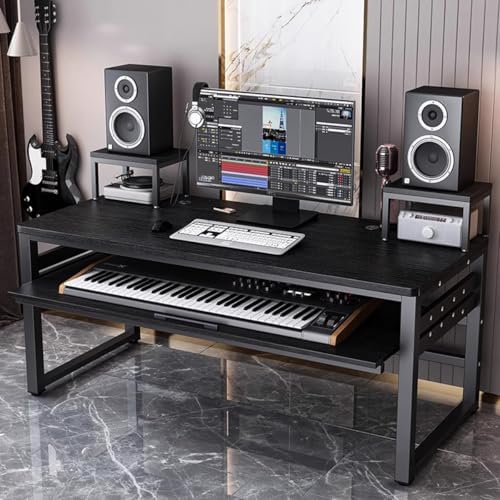 Multi-Tier Music Production Desk, Computer Workstation with MIDI Keyboard Shelf, Stylish Wood & Black Metal Frame for Home Studio, Brown Finish