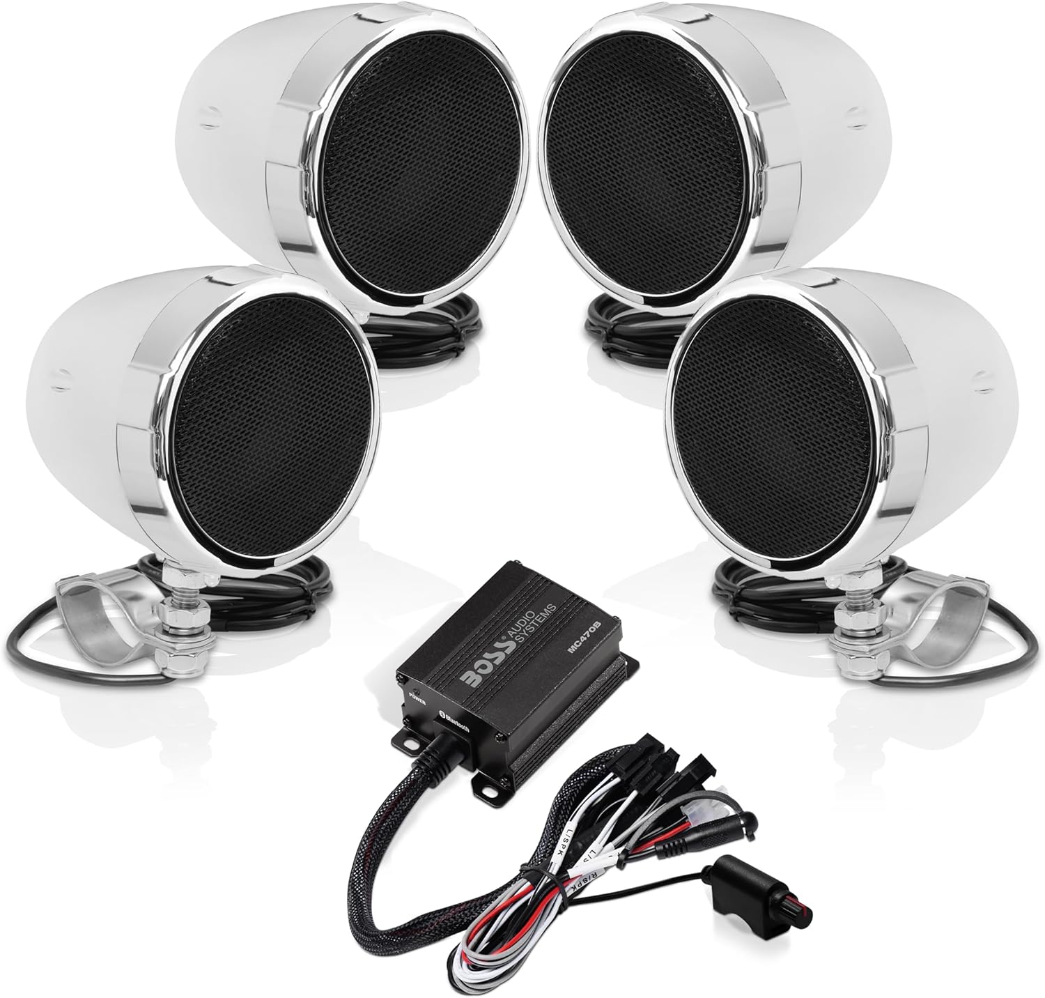 BOSS Audio Systems MC470B 3 Inch Motorcycle Full Range Speakers and Amplifier Sound System - Bluetooth 2 Channel Amplifier, Weatherproof, Volume Control, ATV UTV Compatible