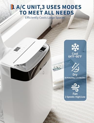 10,000 BTU Portable Air Conditioner, Cools Up to 450 Sq. Ft, 3-In-1 Room Air Conditioner with Dehumidifier, Fan, Quiet Operation, Remote Control, 24Hrs Timer, Easy Install Kit for Home