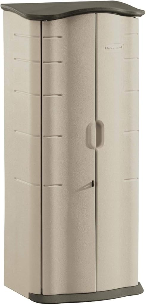 Rubbermaid Compact Vertical Resin Storage Shed With Floor (2 x 2.5 Ft), Weather Resistant, Beige/Brown, Organization for Home/Backyard/Garden Tools/Porch/Patio Cushions/Pool Chemicals/Toys