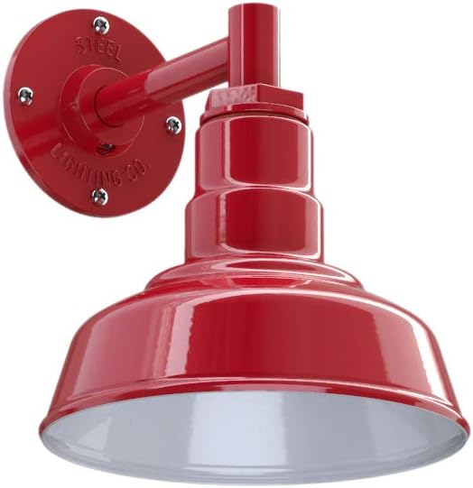 Steel Lighting Co. | Dusk to Dawn | Hawthorne Barn Light | Outdoor Wall Mounted | 8 in Dome | 6 in Straight Arm| Small Farmhouse Light Made in America | Red Exterior/White Interior