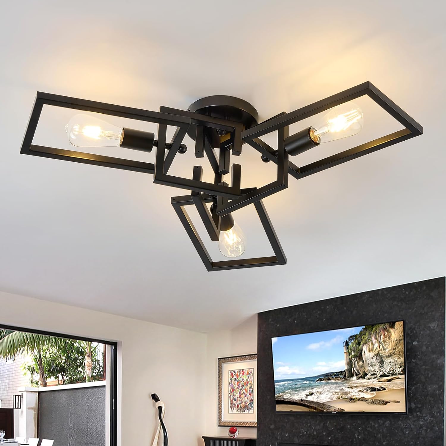 ZGLAOJT Black Industrial Flush Mount Ceiling Light 3-Light Kitchen Light Fixtures Modern Matte Sputnik Chandelier for Dining Room Bedroom Farmhouse Living Room