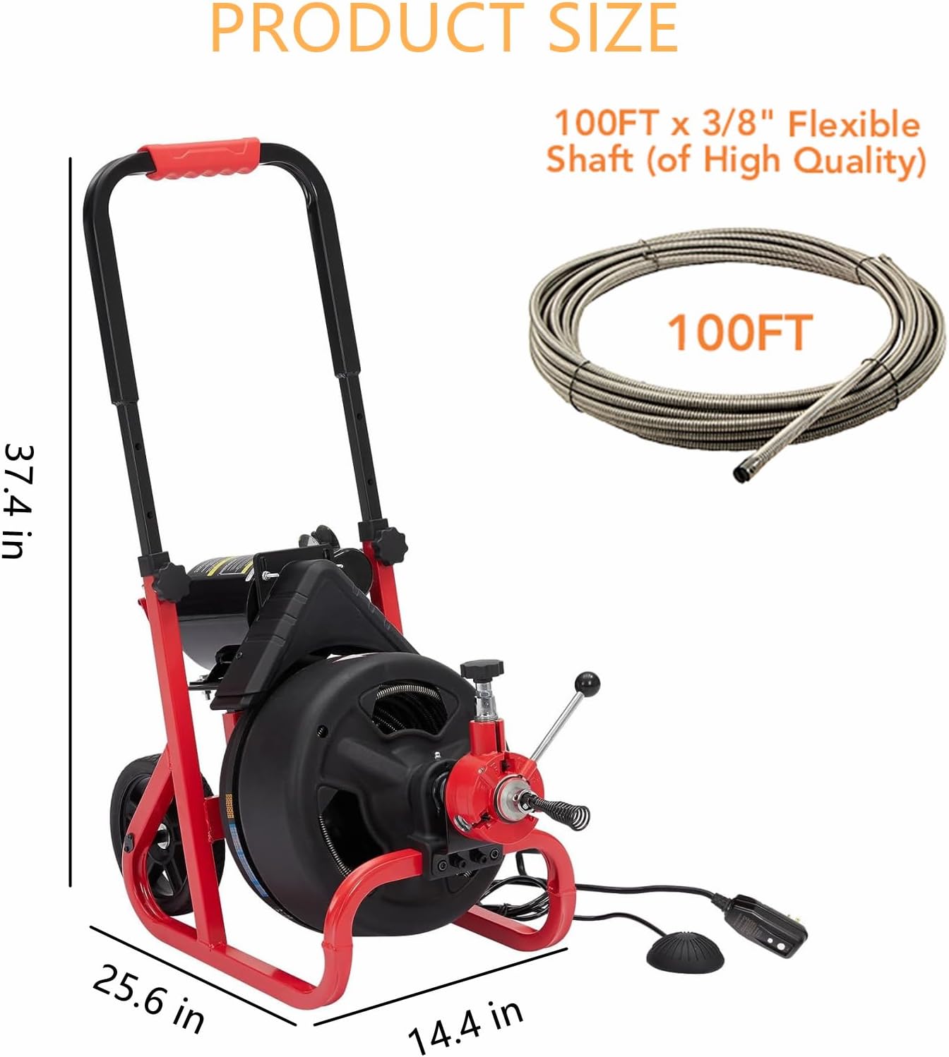 Drain Cleaner Machine - 100Ft x 3/8 Inch, Auto-feed Electric Drain Auger for Plumbing with 6 Cutters, Glove, Commercial sewer snake Drill Drain Auger Cleaner for 2‘’- 4‘’(50-100mm) Pipes