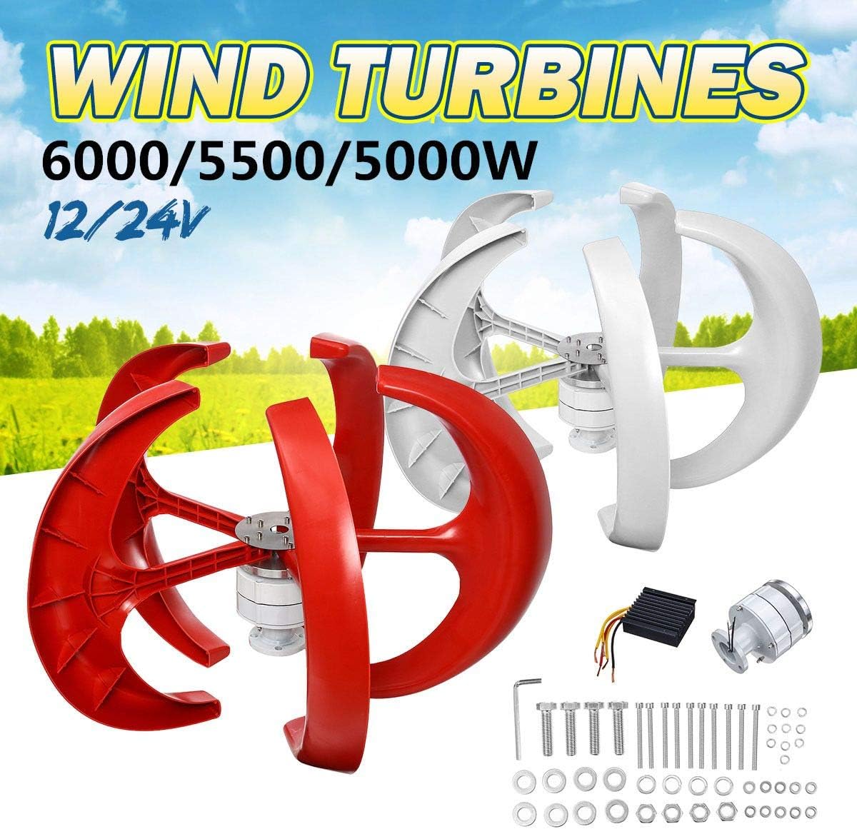WANGGANG Solar Generator Wind Turbine Kit,8000W with 5 Blades Speed Start Wind Power Generator with Charge Controller Turbine Generator Kit for Marine Home Windmill (Red)
