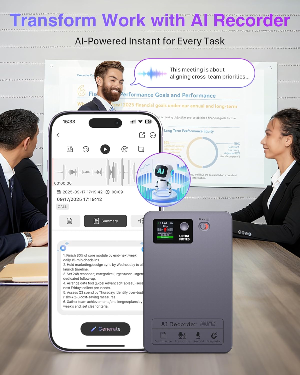 AI Note Voice Recorder: Transcribe, Summarize & Text Translation, 152 Languages, AI Noise Cancellation, 64GB, APP Control, One-Step Magnetic Attachment, Long-Lasting Battery – Meeting, Call, Lecture