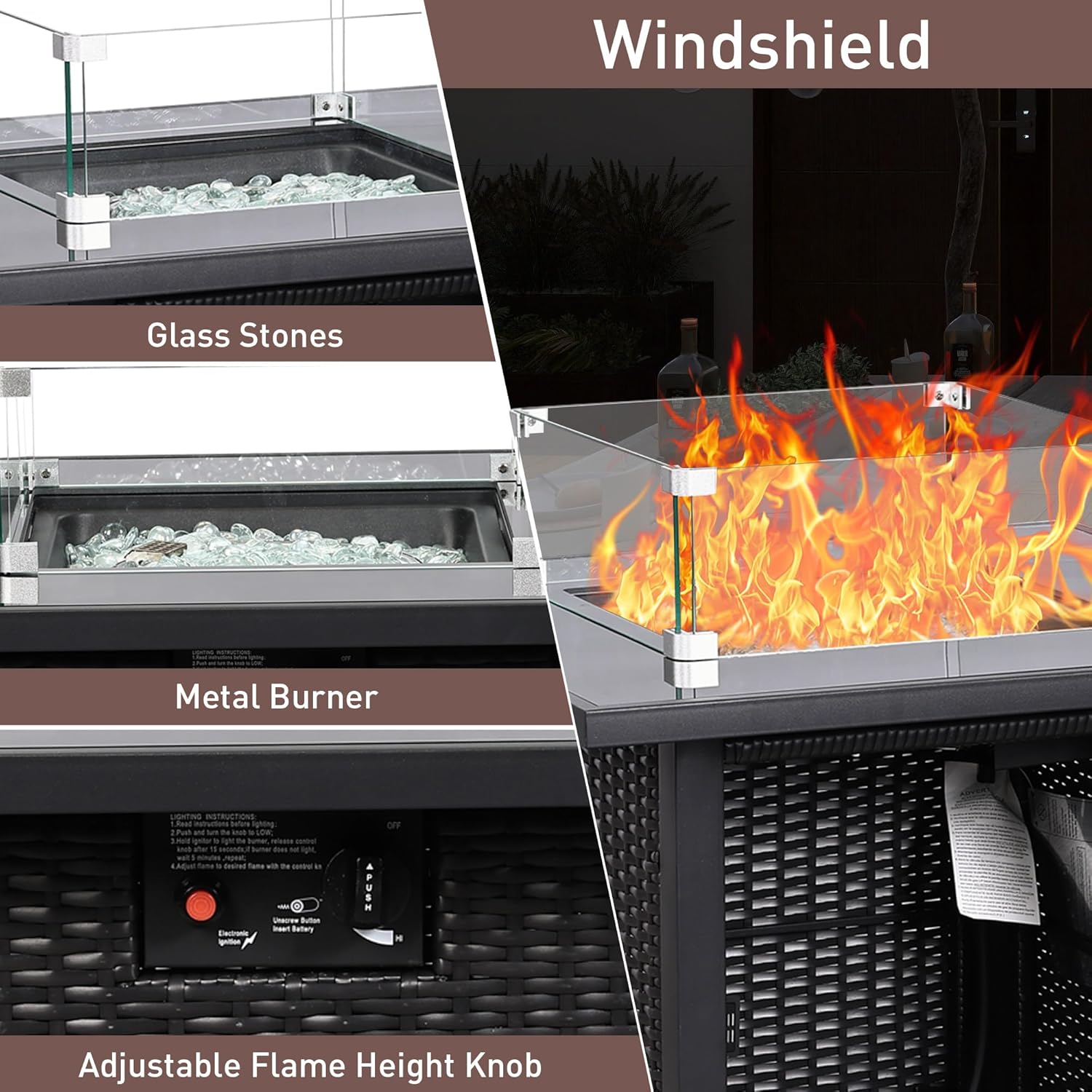 Ainfox 28 Inch Outdoor Fire Pit Table, 50,000 BTU Propane Fire Pit with Lid and Wind Glass Shield, Rattan 3-in-1 Fire Table for Patio, Backyard, Garden