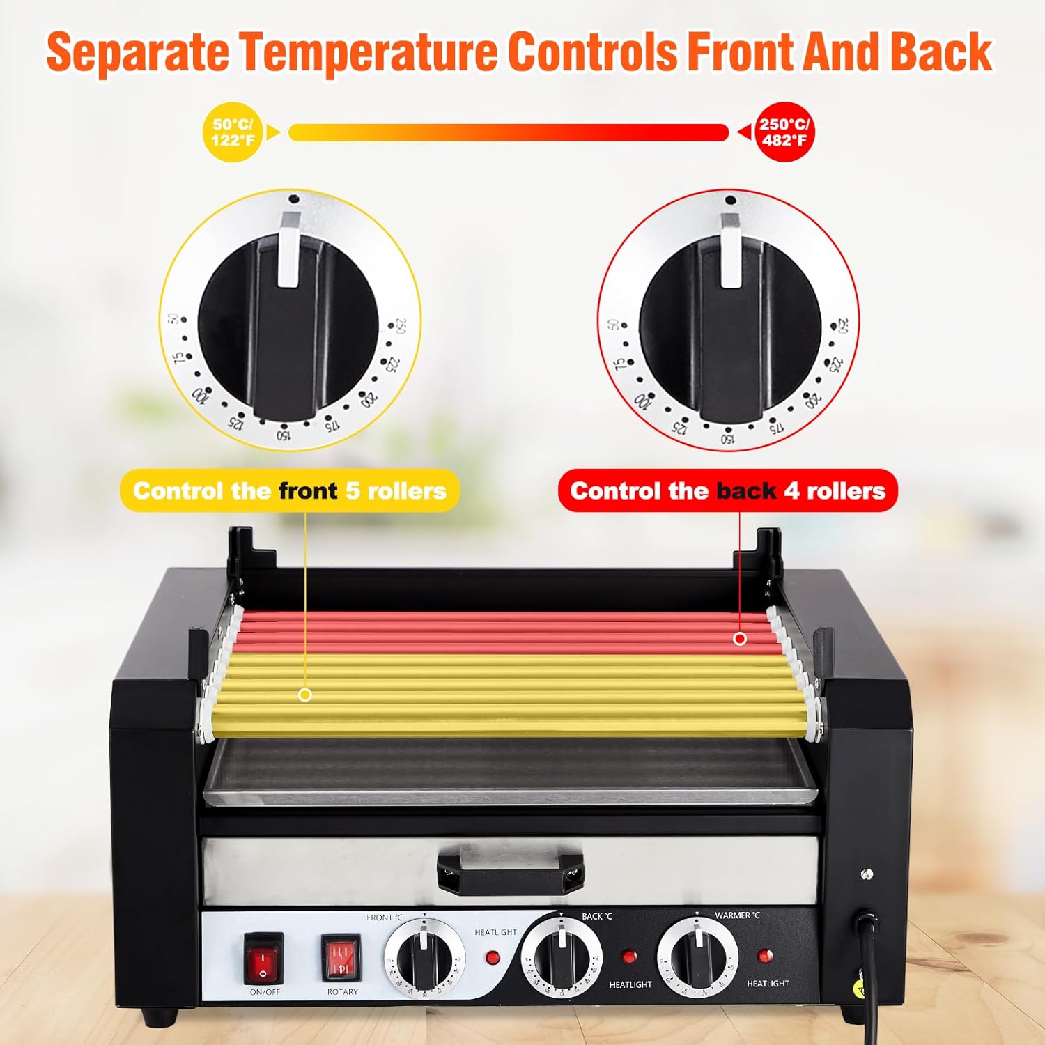 Hot Dog Roller, Electric 24 Hot Dog Capacity 9 Roller, 1650W Sausage Grill Cooker Machine w/Bun Warmer Shelf, Dual Temp Control, Removable Oil Drip Tray, Cover, Stainless, Commercial Grade