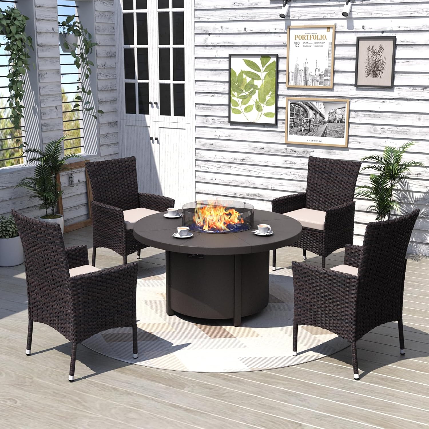 Kurapika Propane Round Fire Pit Table 48in, 40,000 BTU Auto-Ignition Round Gas Fire Pits, CSA Certification, Wider Desktop Round Fire Tables with Windshield, Blue Stone and Lid, for Outside Patio