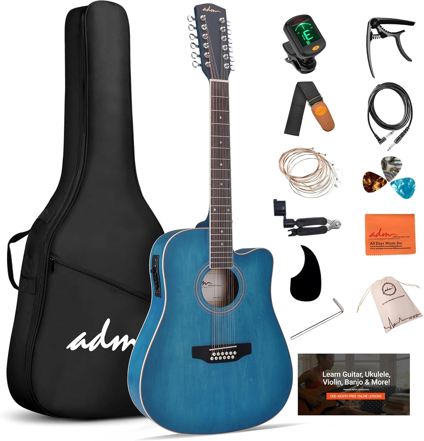 ADM 12 String Guitar, 42” Full Size Acoustic Electric Twelve String Guitar Bundle with 4-Band EQ for Professional Beginner Adults Intermediate, Gig Bag, Picks, Capo, Cabel, Shoulder Strap, Blue