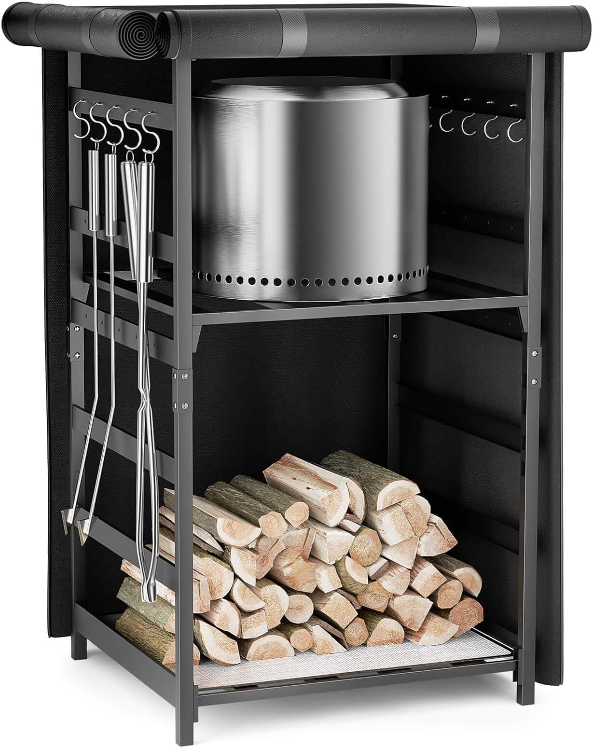 Storage Station 4.5ft for Solo Stove Yukon, Bonfire, Ranger and other Fire Pit Stove, Firewood Storage Cabinet with Waterproof Cover, Adjustable Firewood Rack for logs and Fire Pit Accessories