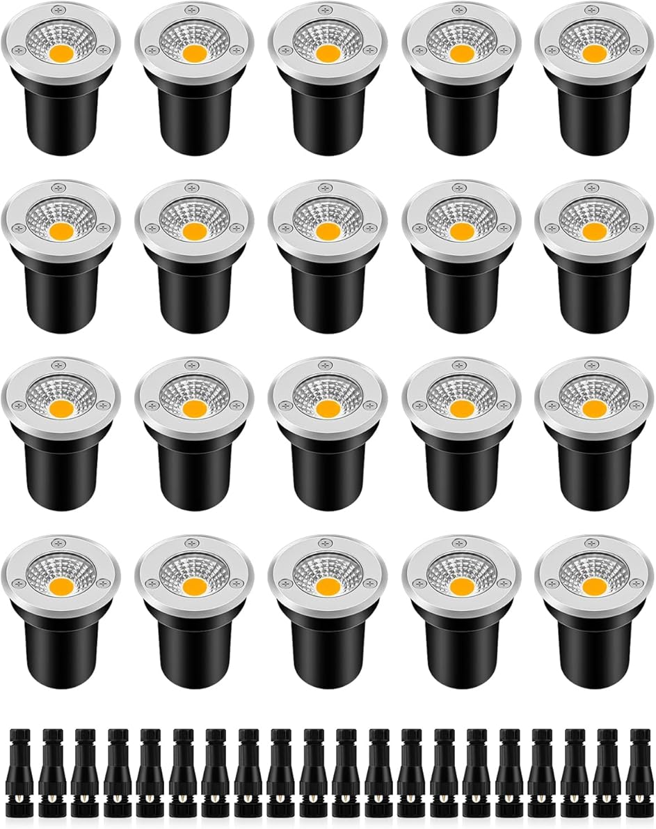 ZUCKEO Low Voltage Landscape Lights Well Lights Landscape LED in Ground Light IP67 Waterproof Outdoor Landscape Lighting Wired Floor Pathway Deck Step Garden with Connectors (20Pack Warm White)