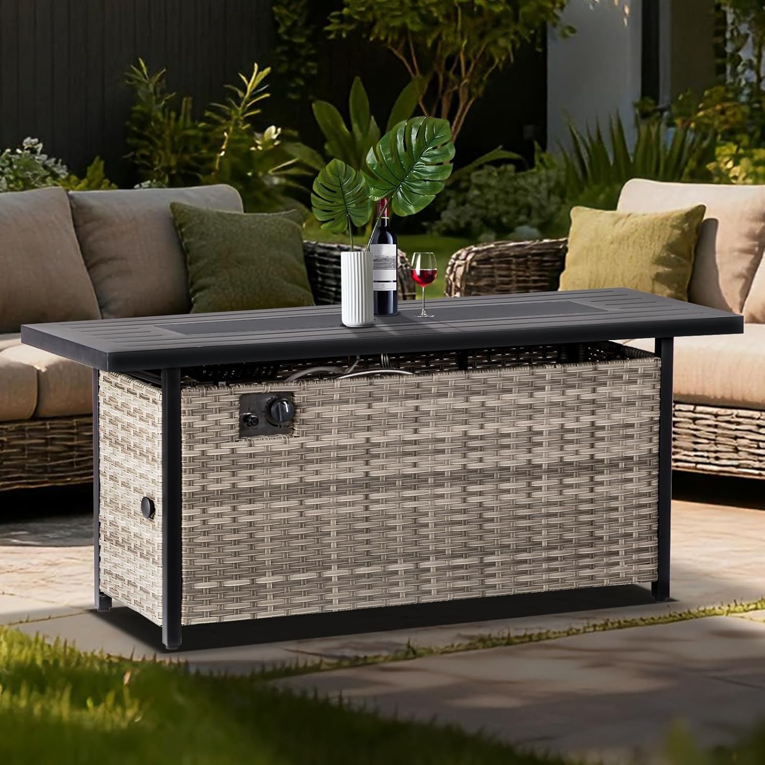 57 inch Propane fire Pit Table with Waterproof Cover & Ratten Side Panel, 50000 BTU Gas Firepit Table with Lid & Lava Rock, Outdoor Fire Pit for Dining or Party, Firepit for Outside, Patio