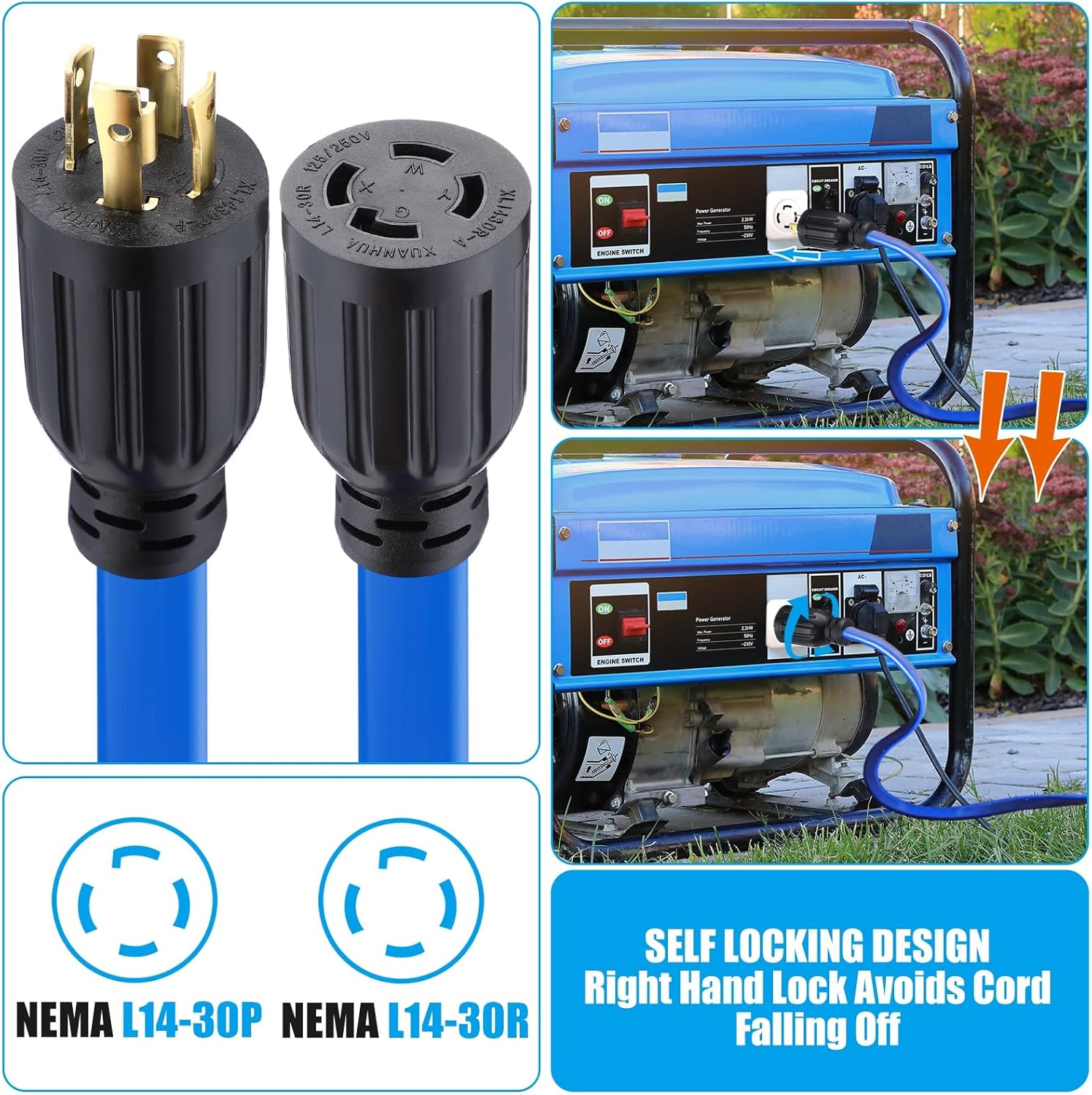 Kanayu 50 FT 4 Prong 30 Amp Flat Generator Extension Cord Compatible with NEMA L14-30P/L14-30R 10 Gauge Flat Generator Power Cable Locking for Manual Transfer Switch 125/250V 7500W, ETL Listed
