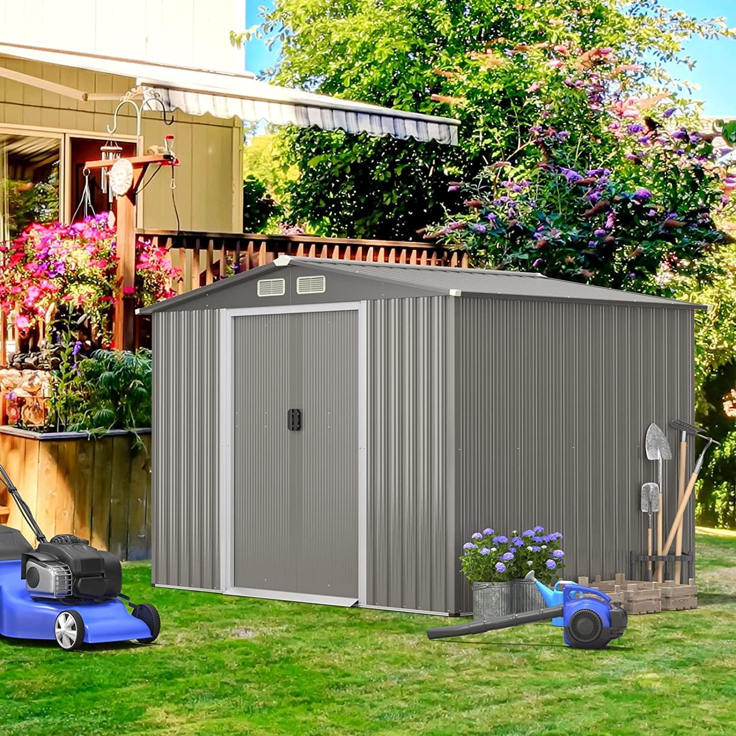 Goplus 8.5' x 6.8' x 6' Outdoor Storage Shed, Weather-Resistant Utility Storage House w/Foundation, 4 Air Vents, Double Doors & Ramp, Galvanized Steel Tool Shed for Garden, Lawn, Patio, Yard