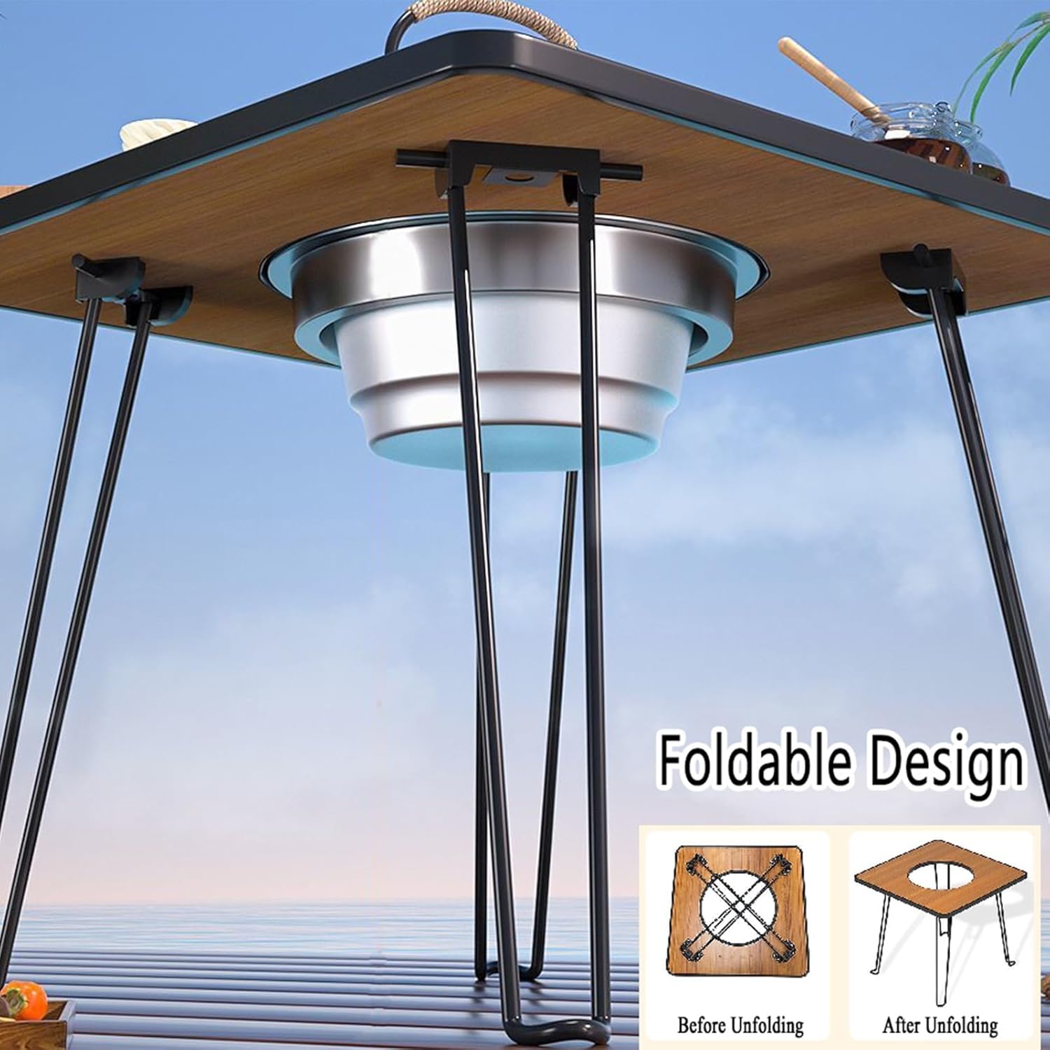 TemkIN Patio Fire Pit Table, 3-in-1 Portable Wood Burning Fire Pit Square Table with Lid & Poker, Small Firepits for Outside Camping Picnic Cooking BBQ, Picture colour