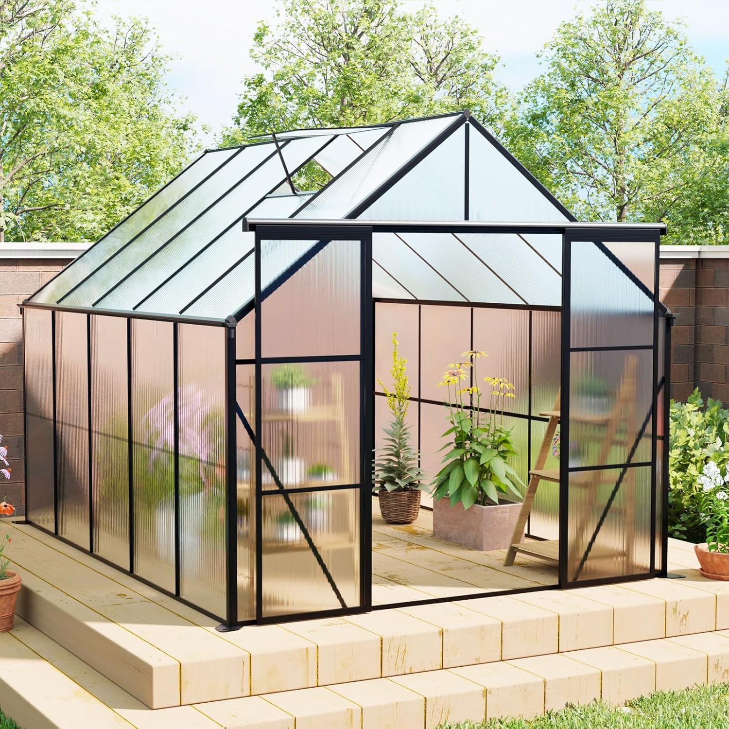 8x10 FT Greenhouse for Outdoors, Polycarbonate Green House with Double Doors and Roof Vent, Aluminum Frame Heavy Duty Walk-in Greenhouse for Outside Garden Backyard