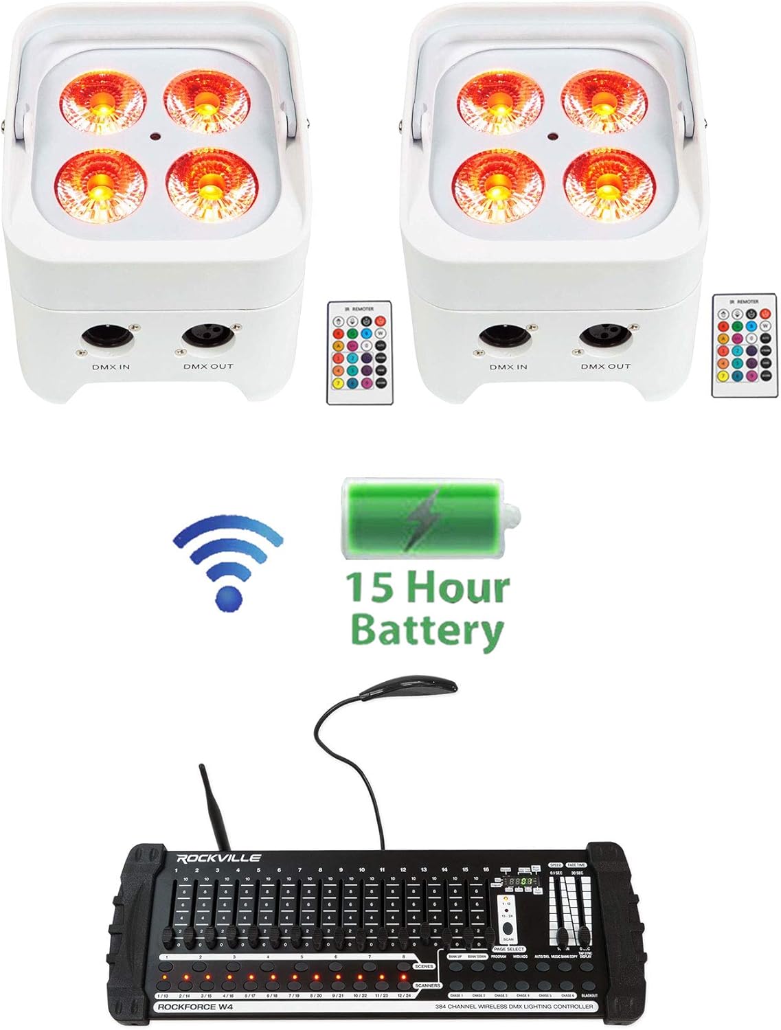 Rockville Best PAR 50 White Bundle: (2) Rechargeable Par Wash Up-Lights with Wireless DMX RGBWA+UV, ROCKFORCE W4 384 Channel Wireless DMX Lighting Controller with MIDI, 3-Items