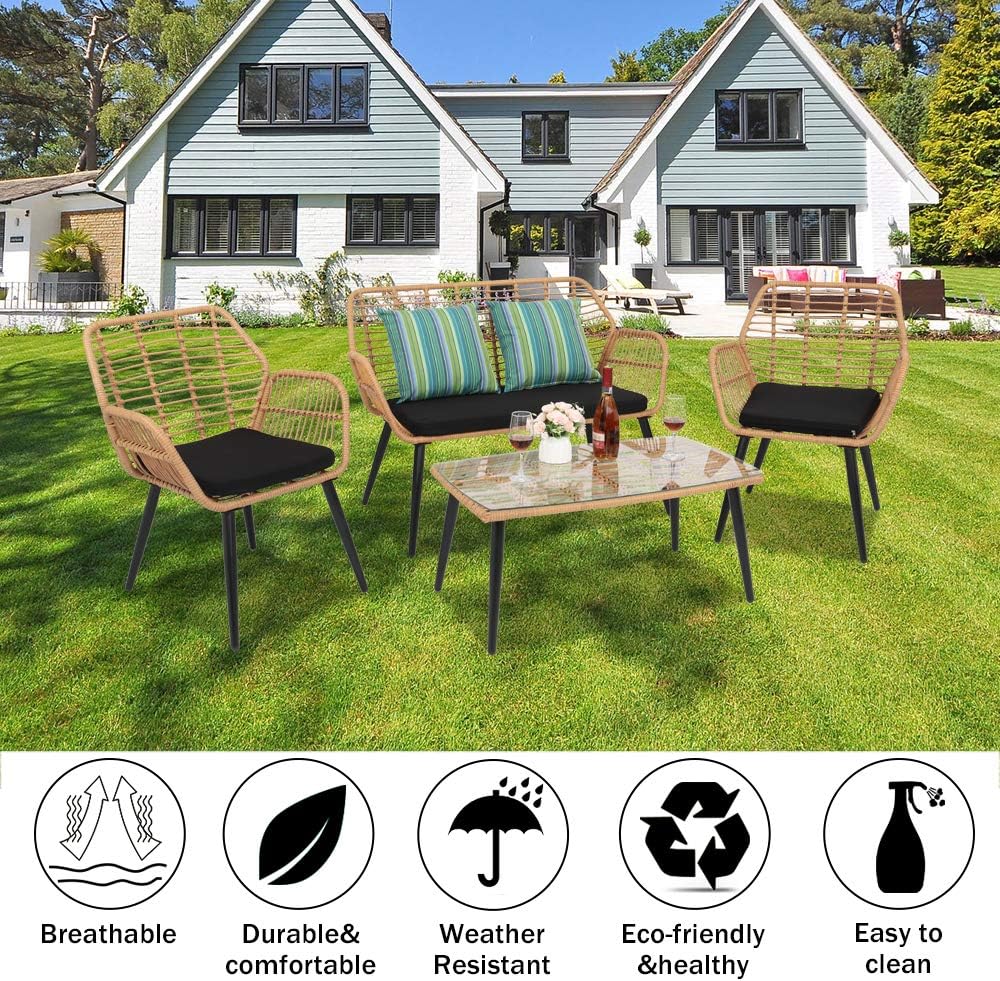 Rattan Garden Furniture 4 Piece Set, Patio Outdoor Conservatory Wicker Chairs Set includes 1 Double seat Sofa, 2 Armchairs and Glass Top Side Table
