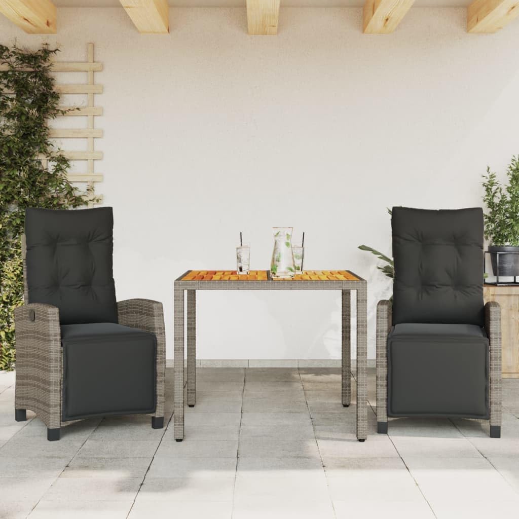 3 Piece Patio Dining Set with Cushions Gray Poly Rattan,Modern Outdoor Furniture Set with Adjustable Chairs and Washable Cushions for Patio and Garden Furniture Sets for Patio, Lawn & Garden