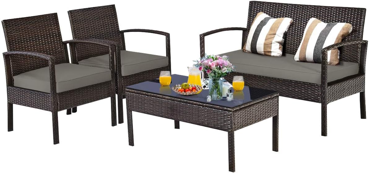DORTALA 4 Piece Patio Furniture Set, Outdoor Rattan Wicker Conversation Set with Cushion & Coffee Table, Chairs and Table Set for Courtyard Balcony Garden, Brown