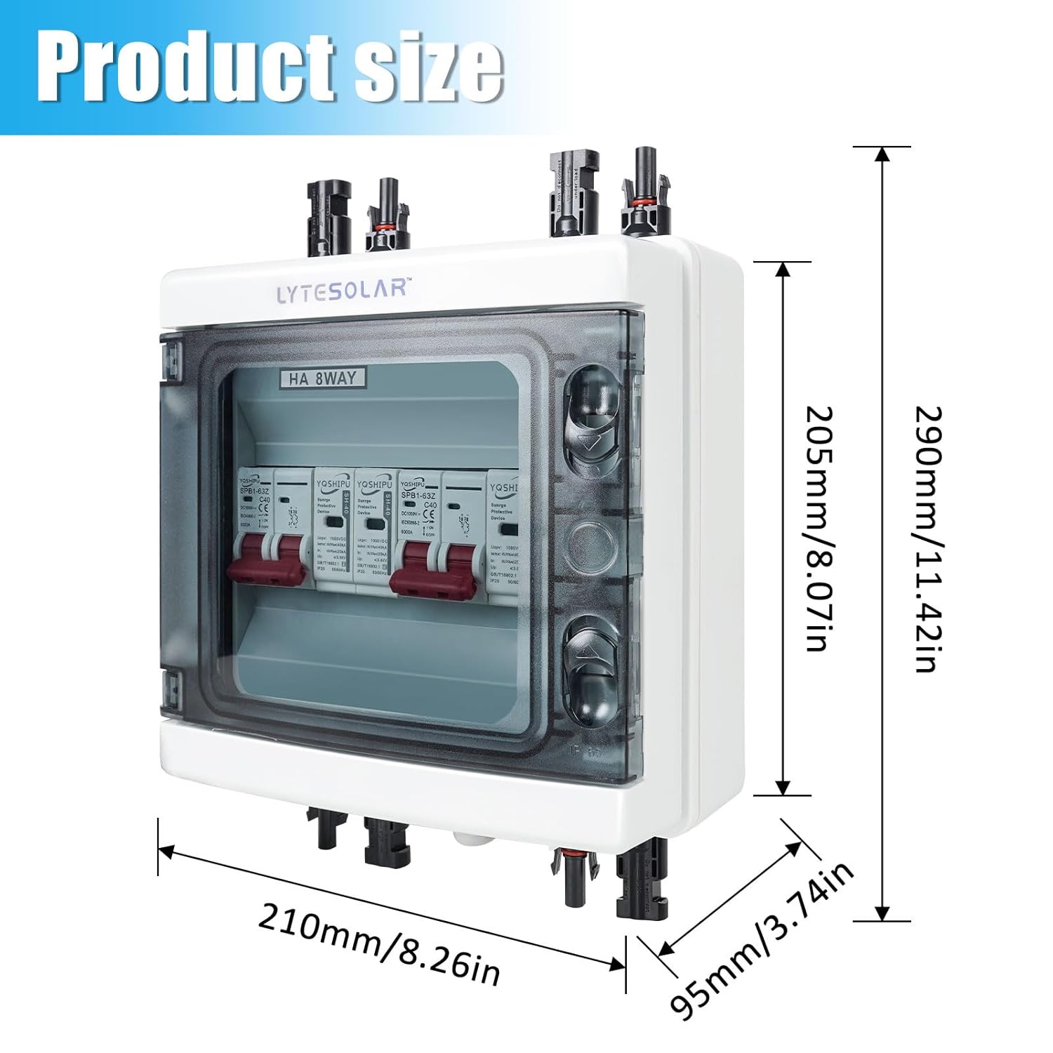 2 String 1000V Solar Disconnect Switch PV Combiner Box, 63A DC Circuit Breaker Box with Surge Protector and Solar Panel Connectors, IP65 Waterproof Plug-and-Play