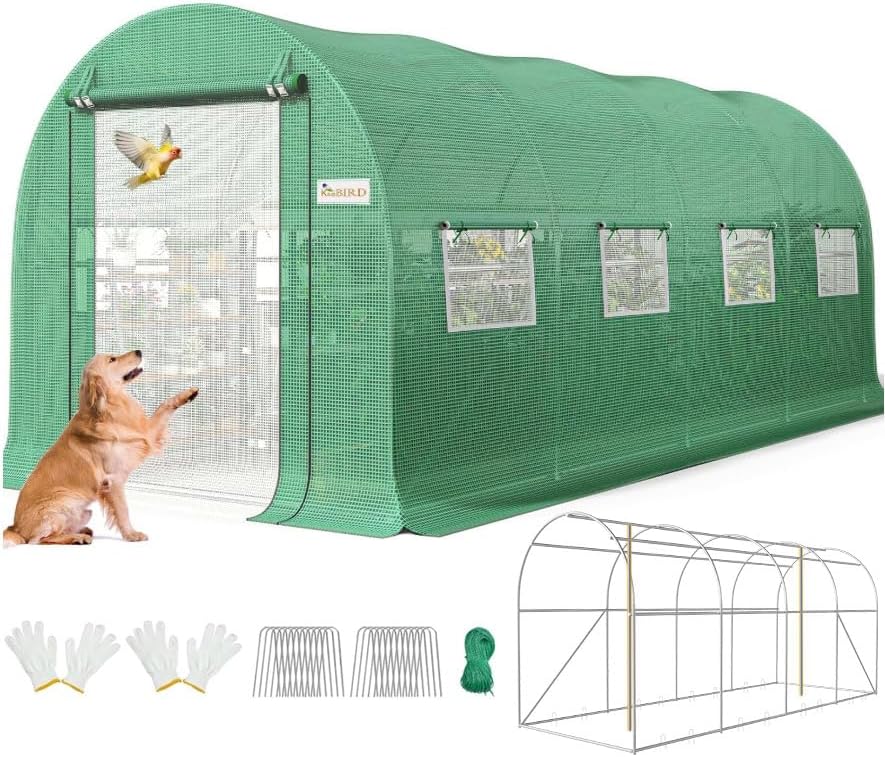 KING BIRD Premium 15x6.6x6.6FT Greenhouse for Outdoors, Large Walk-in Heavy Duty Galvanized Frame, Screen Mesh Door Window Reinforced Zipper Tunnel Hoop for Garden Plant Winter, Green