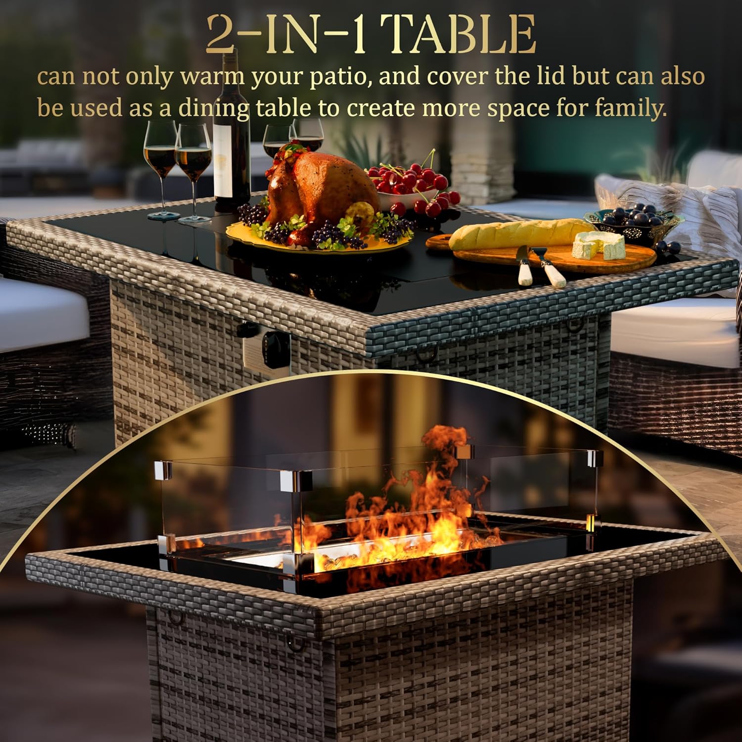 Yoyomax 44-Inch Firepit Table with Hand-Weave Rattan, Aluminum Frame, Wind Guard, Waterproof Cover, and Fire Beads - Perfect for Outdoor Patios, Gardens, and Hotels with 60,000 BTU Flame
