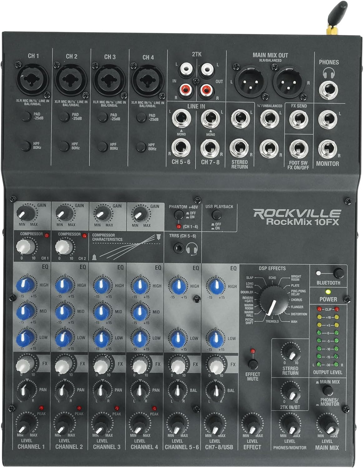 Rockville ROCKMIX 10FX Bundle: 10-Channel USB Mixer, (4) RCM PRO Condenser Microphones, (4) PRO-M50 Studio Headphones, RHPA4 Headphone Amplifier, (4) RDTS Mic Stands, RCTR106B 6 ft TRS Cable, 15-items