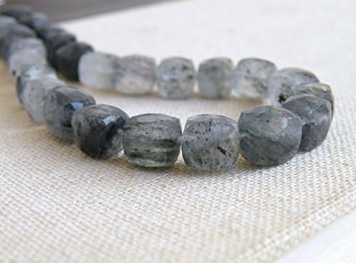 Rutilated Quartz Gemstone Briolette Black Tourmalinated Faceted Cube 8mm 14 beads 1/2 strand