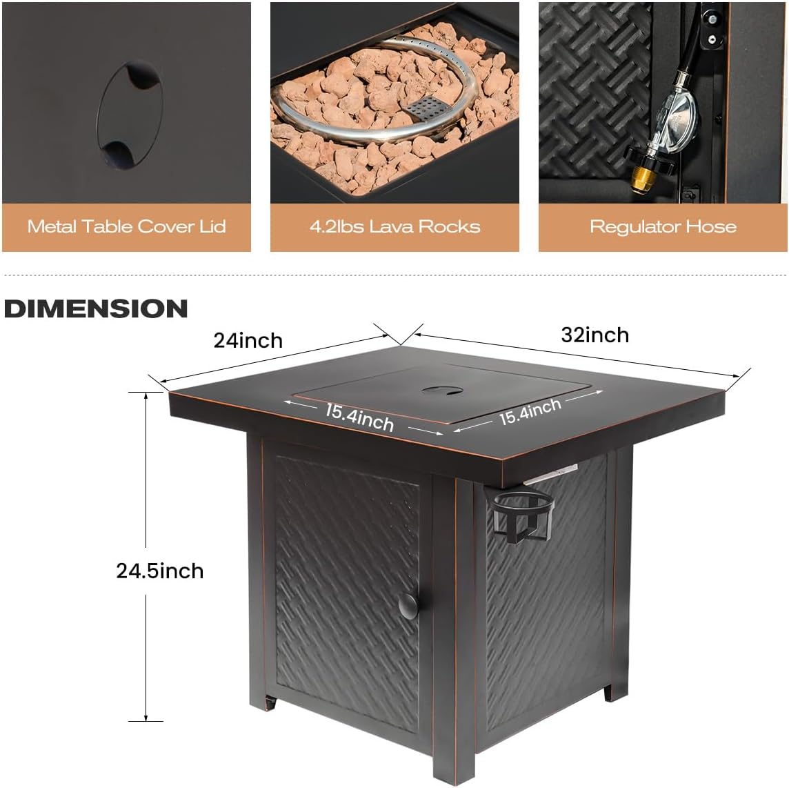 32'' Propane Fire Pit,50000 BTU Gas Firepit Table with 2 Drink Holders, Lid & Lava Rock,Outdoor Fire Pit Table for Dining or Party,Propane Firepits for Outside,Patio,Yard