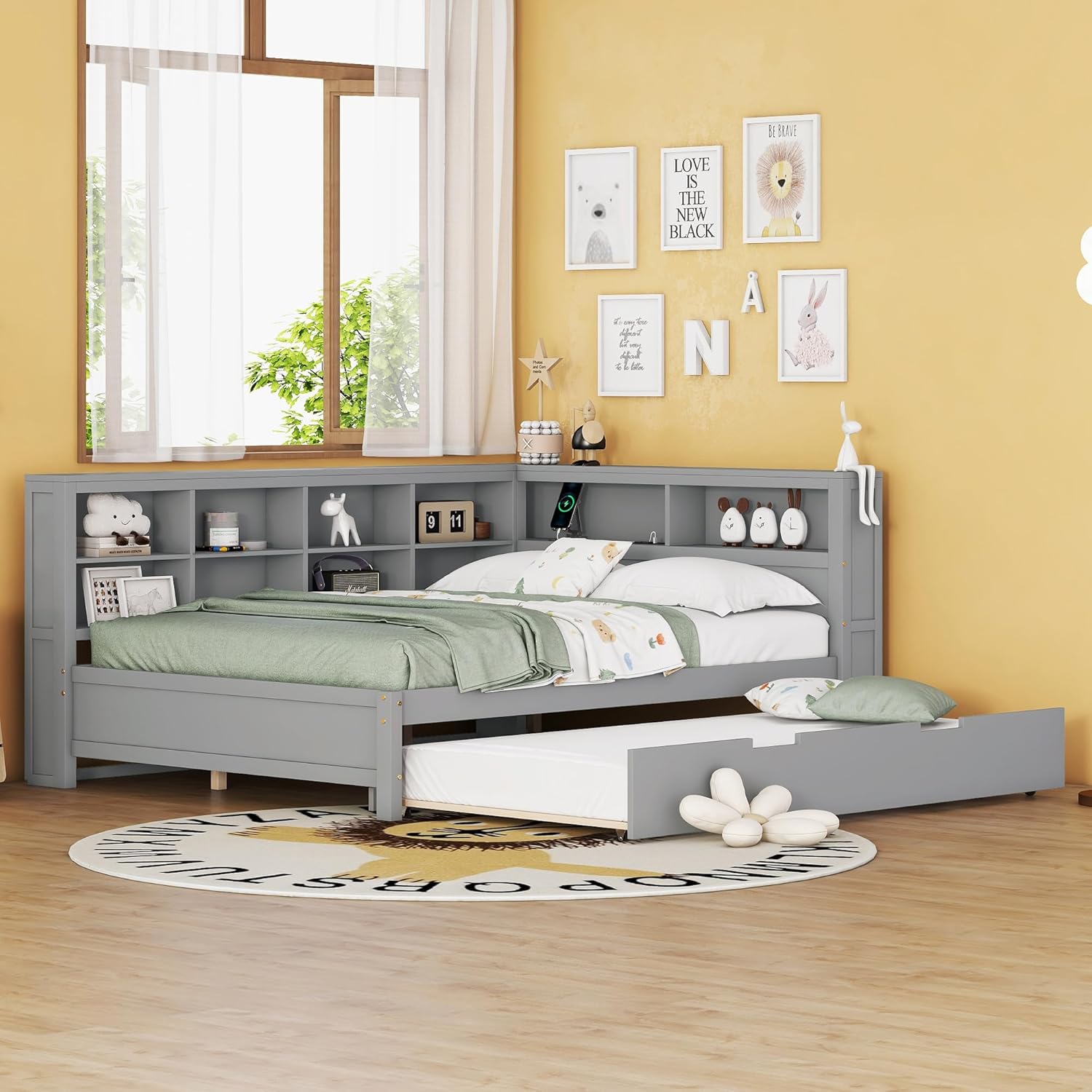 Wooden Twin Daybed with Trundle and Storage Shelf, Twin Size Daybed Frame with Charging Station, for Bedroom, Guest Room Grey (Product D)