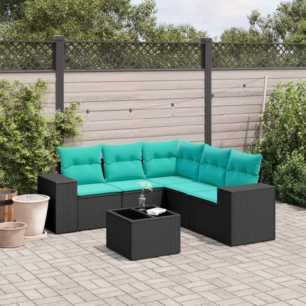 6 Piece Garden Sofa Set, Black Poly Rattan Outdoor Patio Furniture with Cushions, Tempered Glass Tabletop, UV-Resistant, Modular Design for Backyard