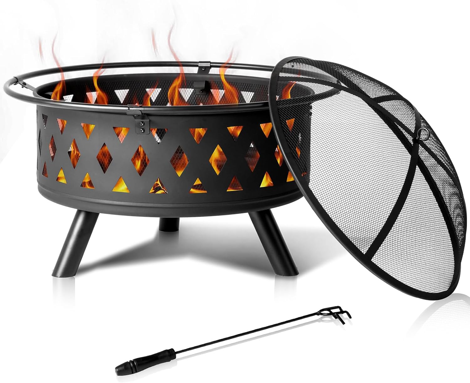 Outdoor Wood Burning Fire Pit 32 Inch, Round Metal Firepit for Outside, Bonfire Fire Pits with Mesh Lid, Poker and Waterproof Cover for Backyard Heating, Garden, Patio, Camping, Black