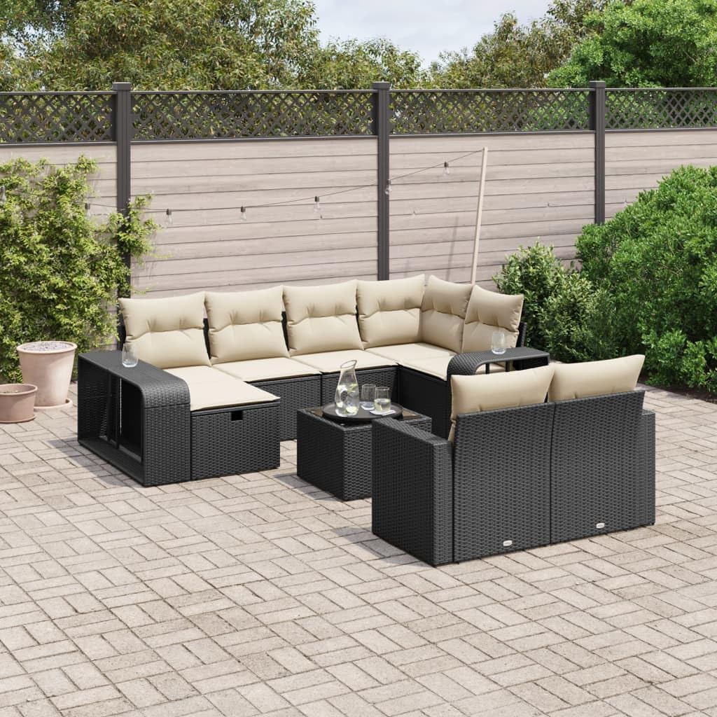 11-Piece Garden Sofa Set, Black PE Rattan, Cream White Cushions, Modular Outdoor Patio Furniture, Weather-Resistant Steel Frame, Balcony Dining Table Chairs