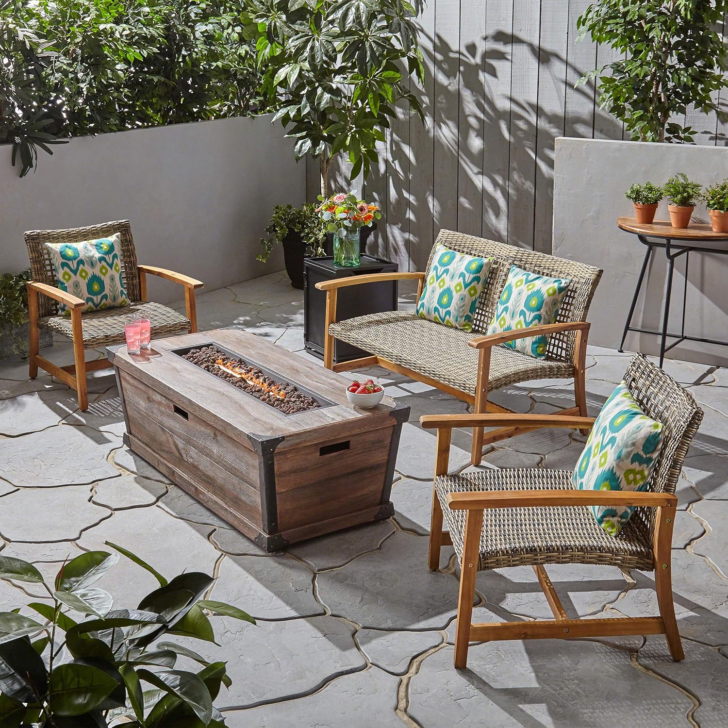 Great Deal Furniture GDFStudio Outdoor 3 Piece Wood and Wicker Chat Set with Fire Pit, Natural with Gray and Brown