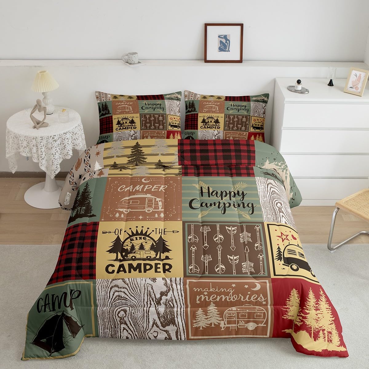 Erosebridal Retro Camper Quilt Set Happy Camping King Bedding Set for Kids Adults,Rv Camping Accessories Comforter Set for Travel Trailers Campers,Vintage Rustic Buffalo Plaid Bed Set 3 Pcs