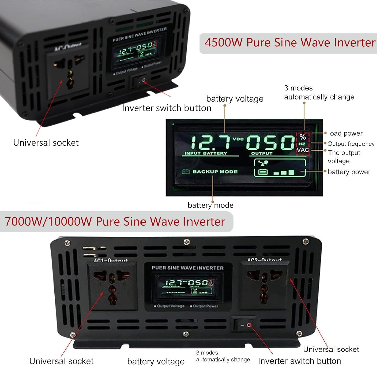 Pure Sine Wave Inverter 4500W/7000W/10000W Power Inverter 12V/24V/48V to 110V/220V DC to AC Converter Car Voltage Converter for RV Camping Car and Home Solar System,10000W-24V