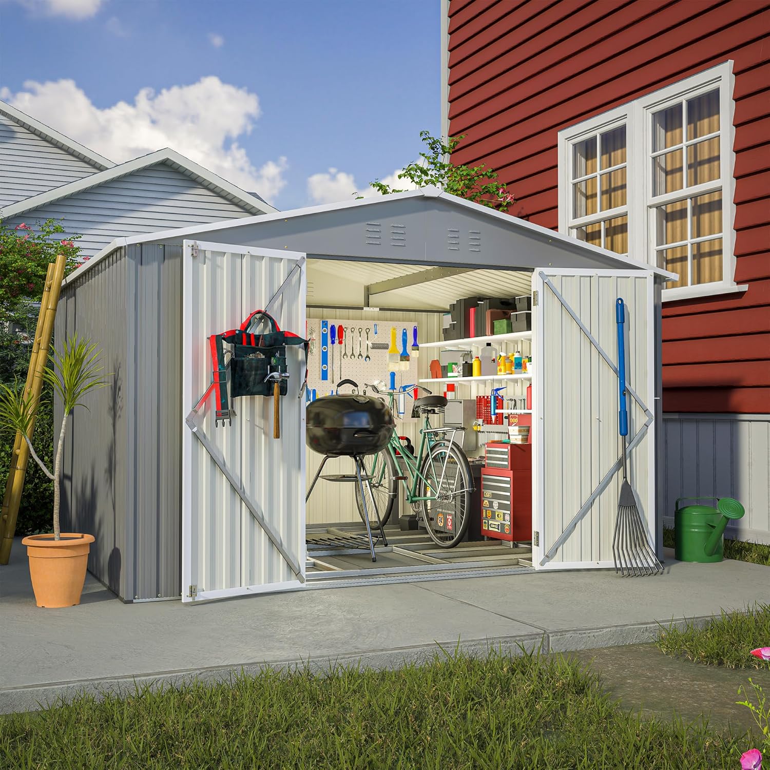 10X8 FT Outdoor Storage Shed,Metal Shed W/Floor Frame,Garden Tool House W/Lockable Hinged Door,Air Vents & Sloped Roof,for Backyard Patio Lawn,Gray