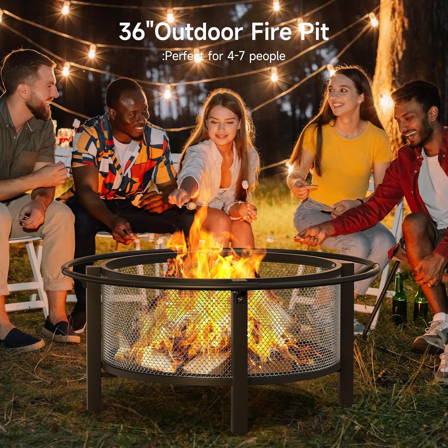 ONBRILL 2-in-1 36 Inch Fire Pit with Cooking Grill, Outdoor Wood Burning Firepit with Poker for BBQ, Bonfire, Picnic, Party, Round Metal Fire Pit for Outside, Backyard, Patio