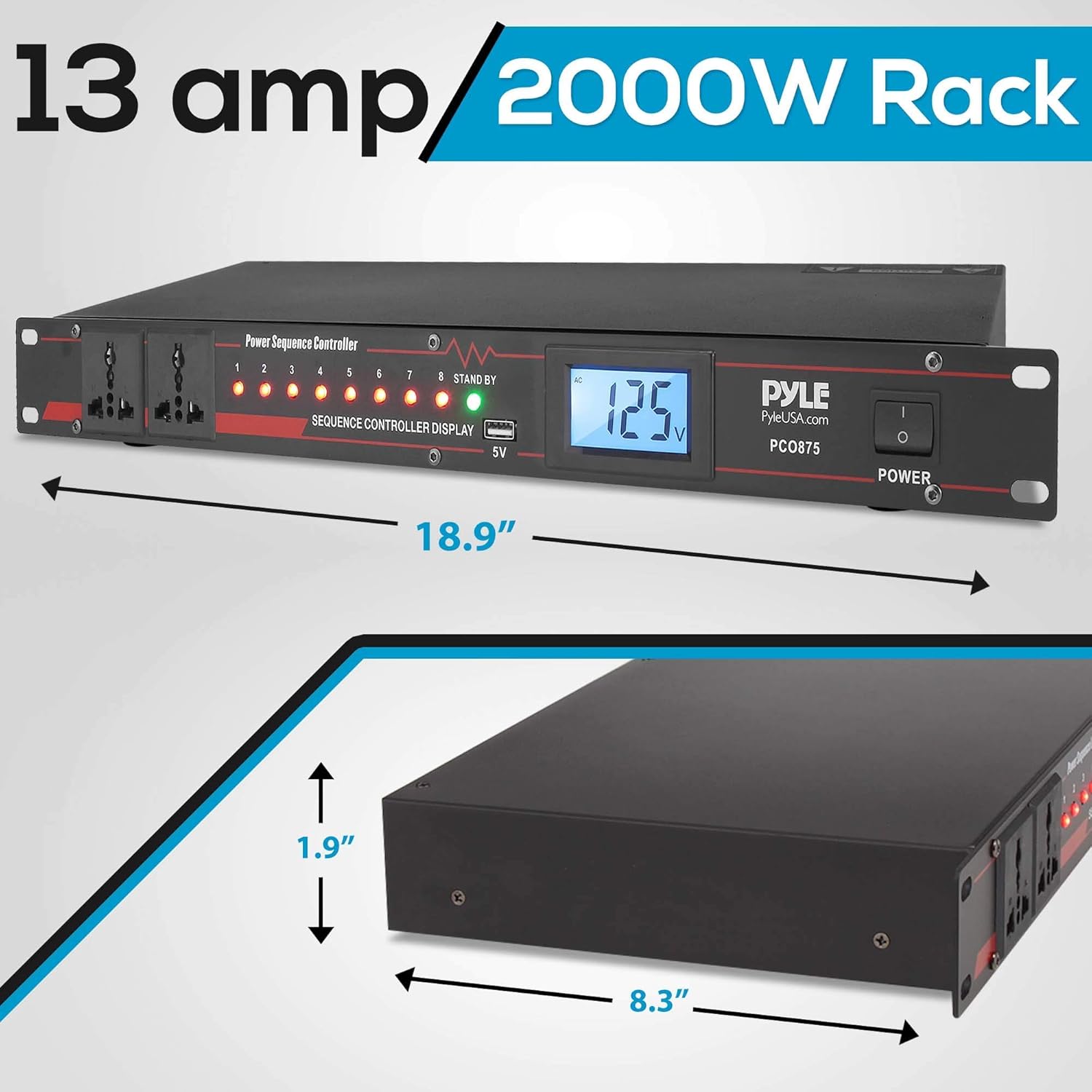 Pyle 10 Outlet 2000W Power Sequencer Rack Mount Pro Audio Supply Controller with PDU Power Strip Surge Protector