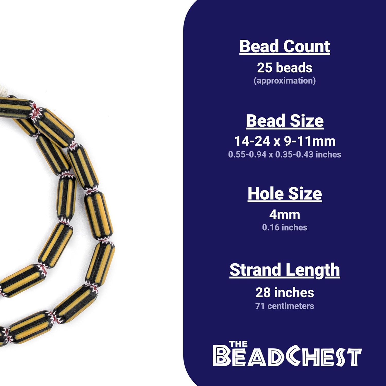 The Bead Chest Yellow Jacket Chevron Beads 10mm Nigeria African Cylinder Glass Large Hole 28 Inch Strand Handmade