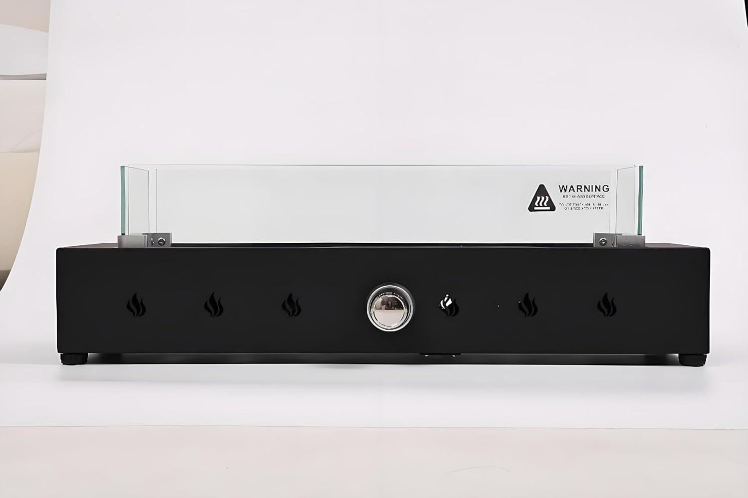 28-inch Rectangle Propane Fire Pit with Tempered Glass Wind Guard, 40,000 BTU Outdoor Heater for Patio, Bottom/Side Hose Conversion, All-Weather Iron Design, Decorative Glass Rock Compatible